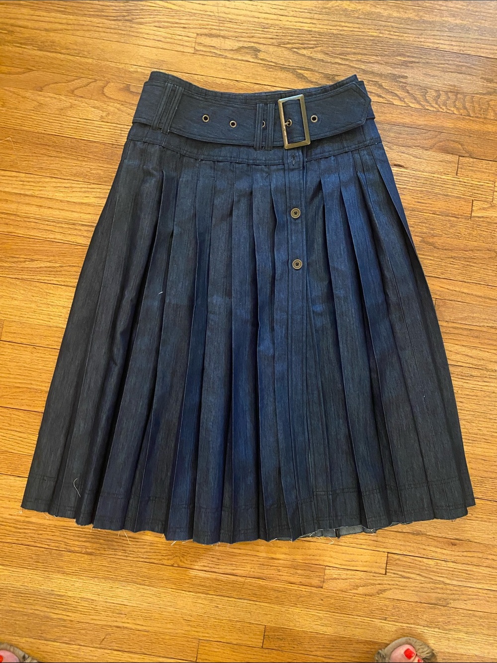 Anthropologie Navy Pleated A-Line Belted Skirt